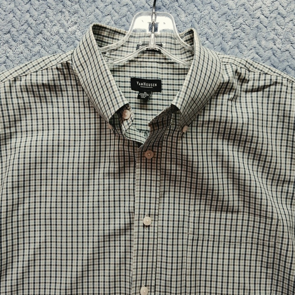 Van Heusen Mens XL Green Blue Plaid Short Sleeve No Iron Button Down Shirt